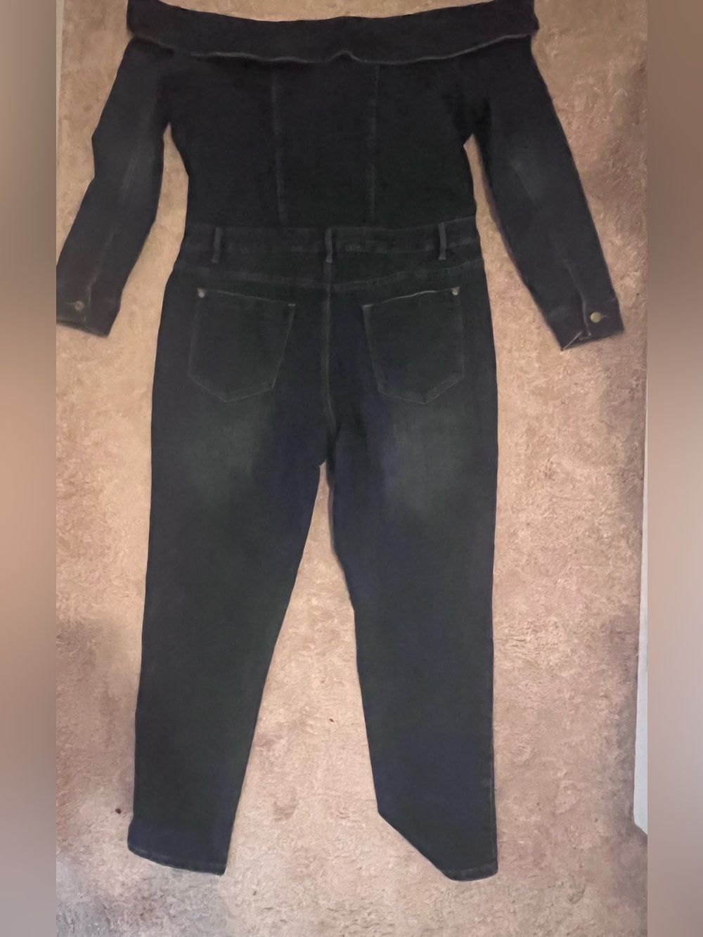 Dark Blue Off-Shoulder Denim Overalls Jumpsuit - Picture 11 of 12